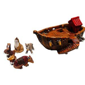 Vintage ceramic Noah's Ark with 5 animals, collectible, handmade